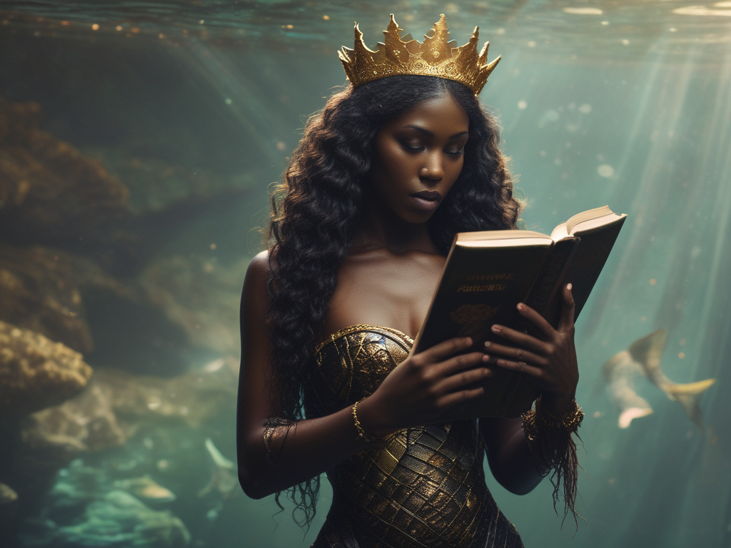 Black mermaid with gold crown reading a book underwater
